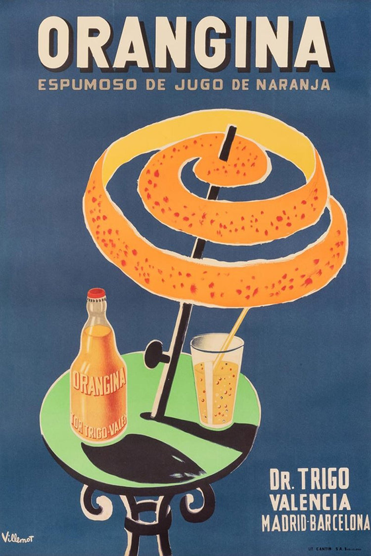Orangina poster features a spiraling orange peel above a bottle and fizzing glass on a green table against navy blue.