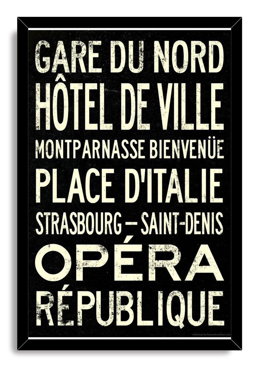 Framed Paris Metro stations wall art print with distressed cream typography on black, featuring Hôtel de Ville, Opéra, and République.