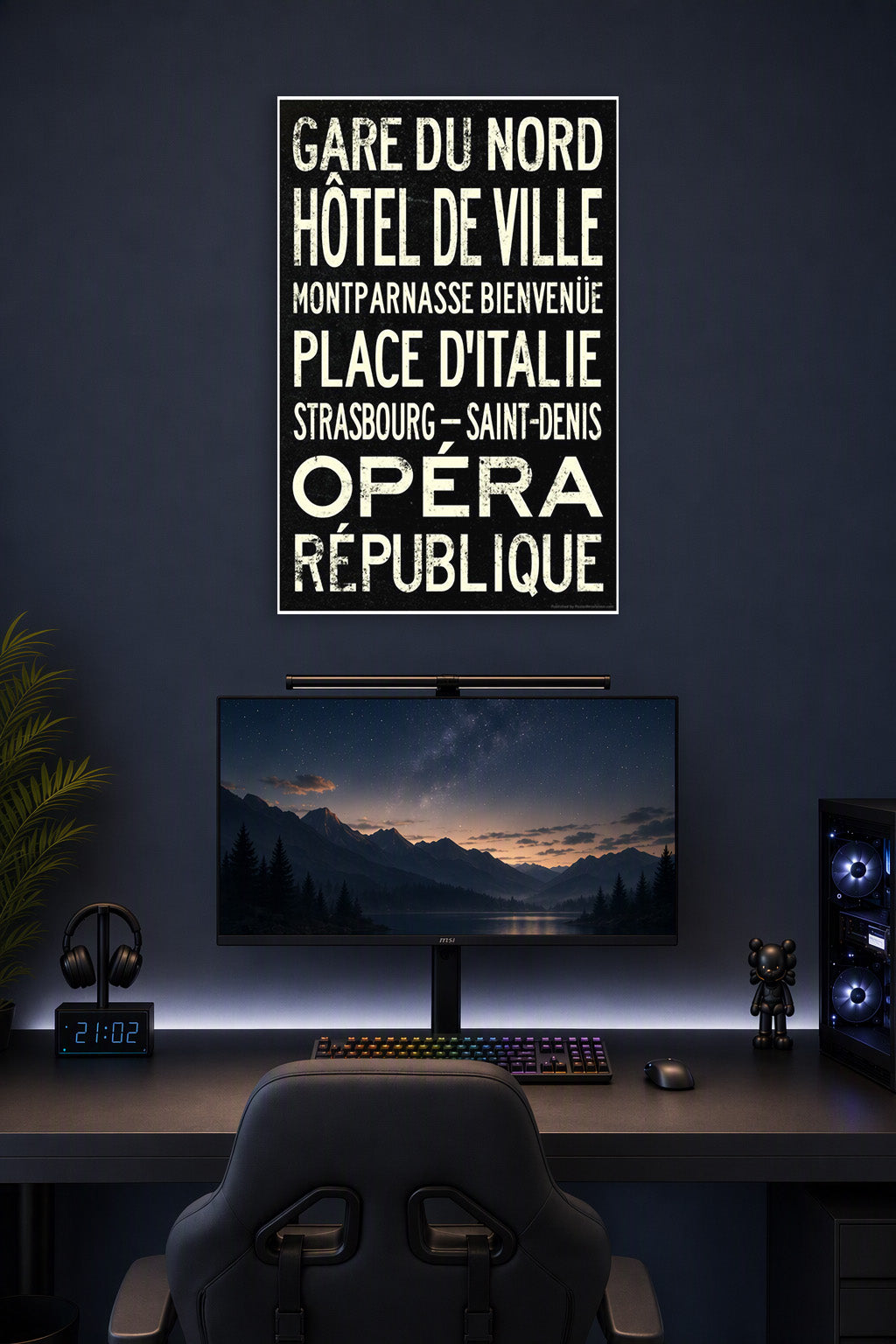 Vintage Paris Metro Stations in a gaming desk setup above a monitor.