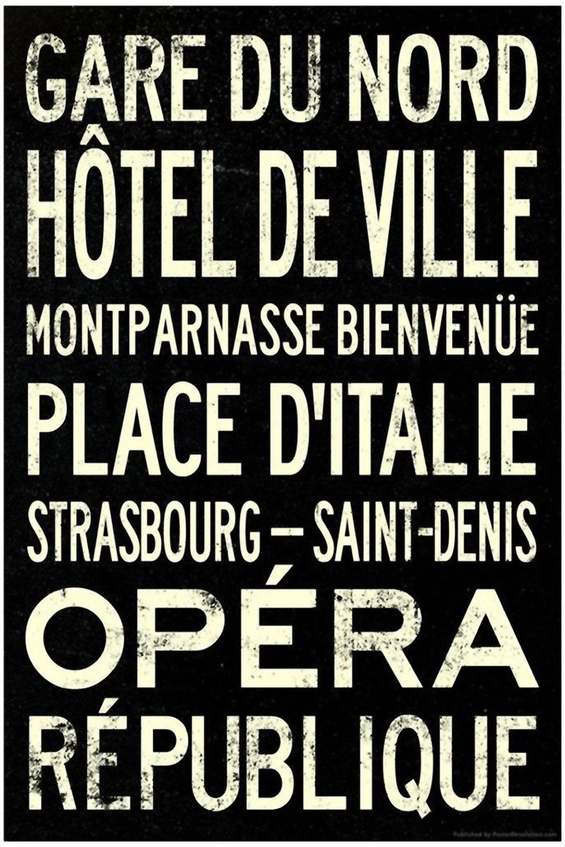 Paris Metro stations wall art print with distressed cream lettering on black, listing Gare du Nord, Opéra, and République.