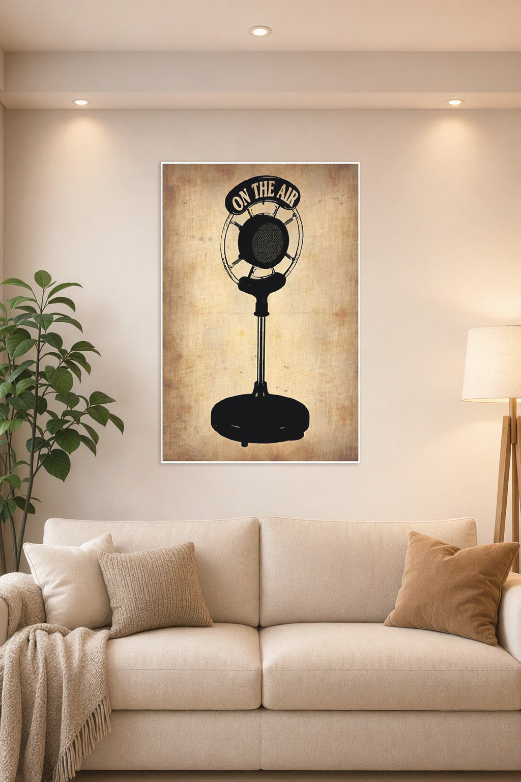Vintage Radio Microphone On The Air in a bright living room above a beige sofa.