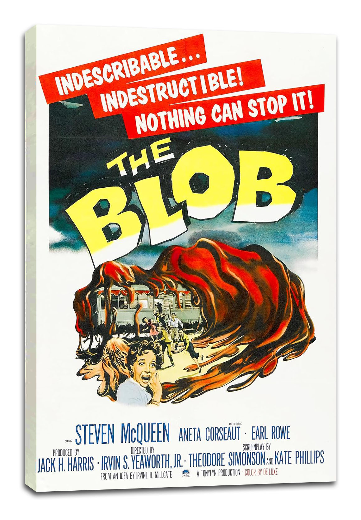 The Blob canvas wall art print displays a red-orange blob surrounding panicked figures beneath large yellow title text.