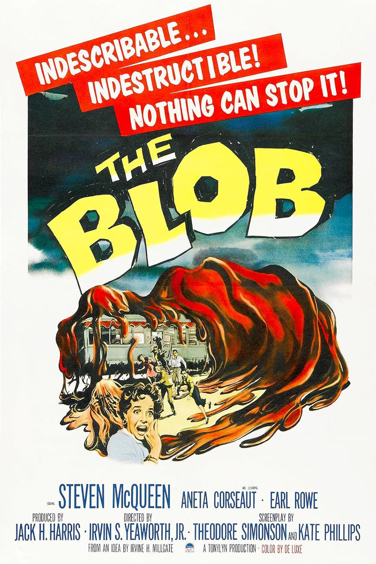 The Blob poster features bold yellow title lettering above a red-orange amorphous creature engulfing frightened people.