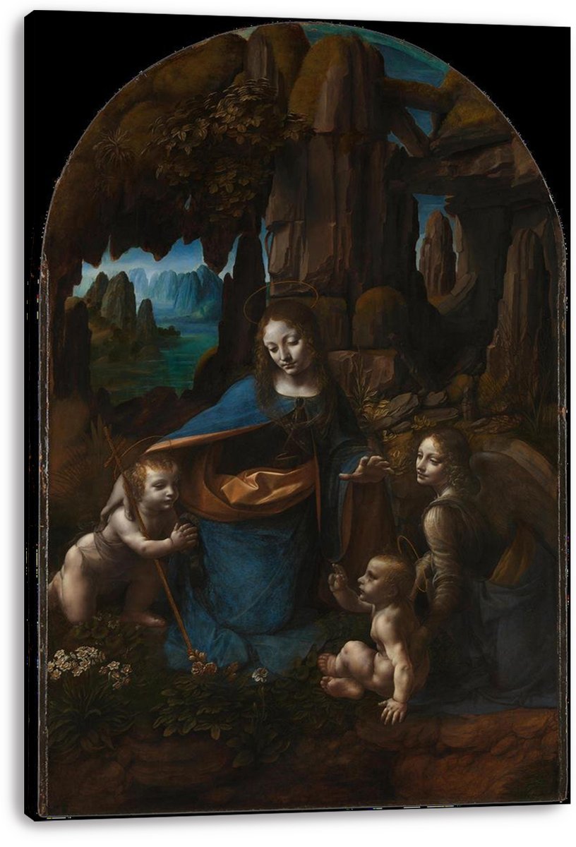 Virgin of the Rocks canvas wall art presents Mary, an angel, and two infants amid dark cliffs, flowers, and a blue distant landscape.