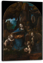 Virgin of the Rocks canvas wall art presents Mary, an angel, and two infants amid dark cliffs, flowers, and a blue distant landscape.