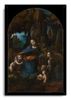 Virgin of the Rocks framed wall art print features Mary in blue, two children and an angel beneath towering grotto rocks.