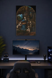 Virgin of the Rocks by Leonardo da Vinci in a gaming desk setup above a monitor.