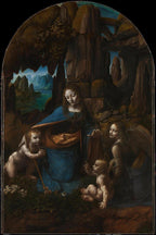 Virgin of the Rocks wall art print depicts Mary in blue with two infants and an angel inside a shadowy rocky grotto.