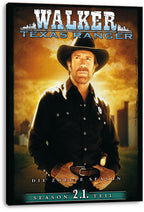 Walker, Texas Ranger canvas wall art print featuring Chuck Norris in Western attire beneath distressed blue title lettering.