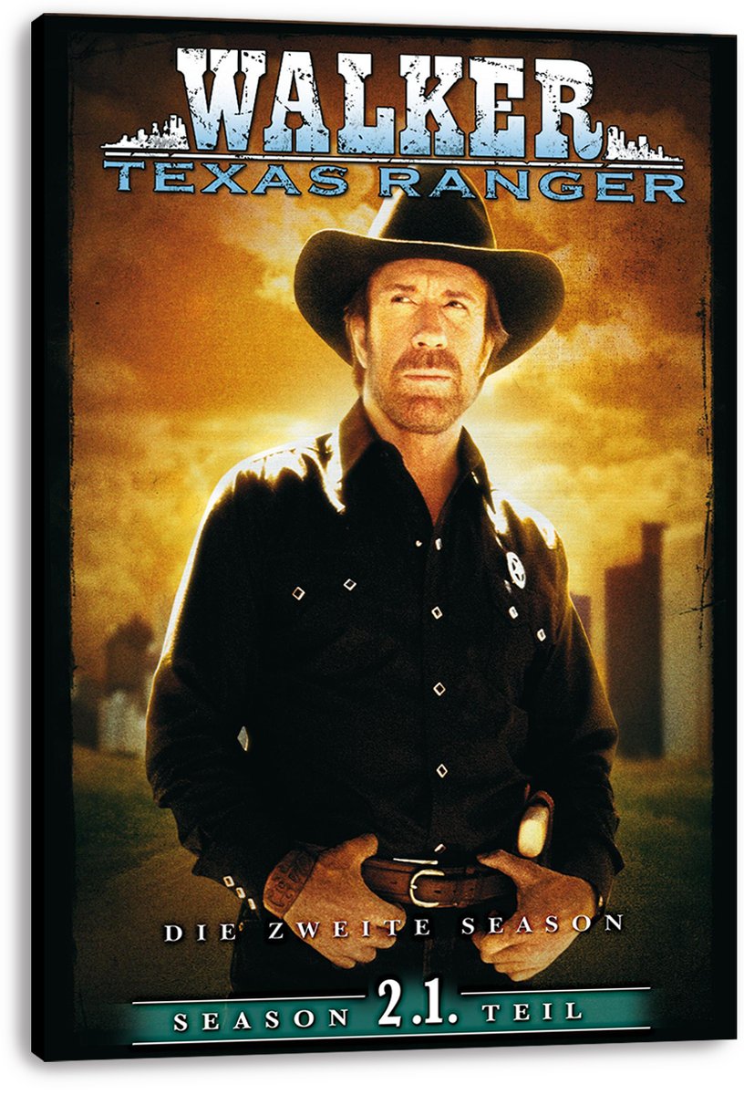 Walker, Texas Ranger canvas wall art print featuring Chuck Norris in Western attire beneath distressed blue title lettering.