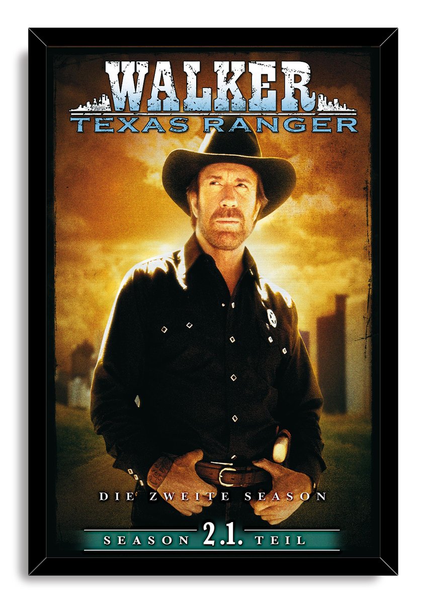 Walker, Texas Ranger framed wall art print with Chuck Norris in a black hat, warm amber sky, and German season text.