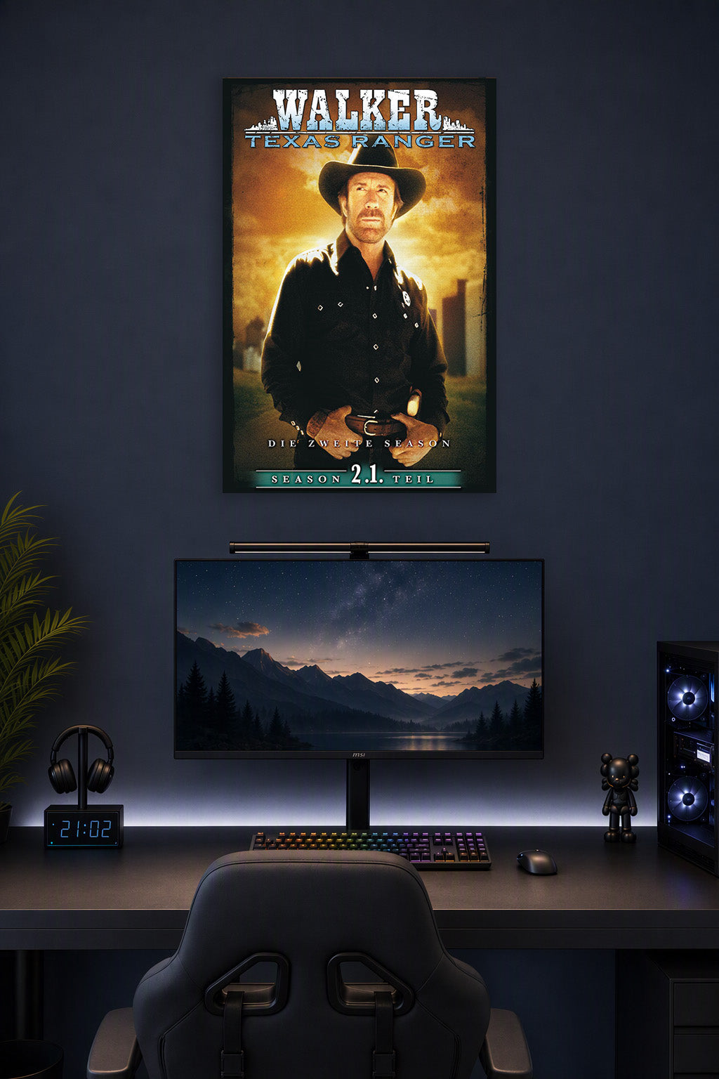 Walker, Texas Ranger in a gaming desk setup above a monitor.