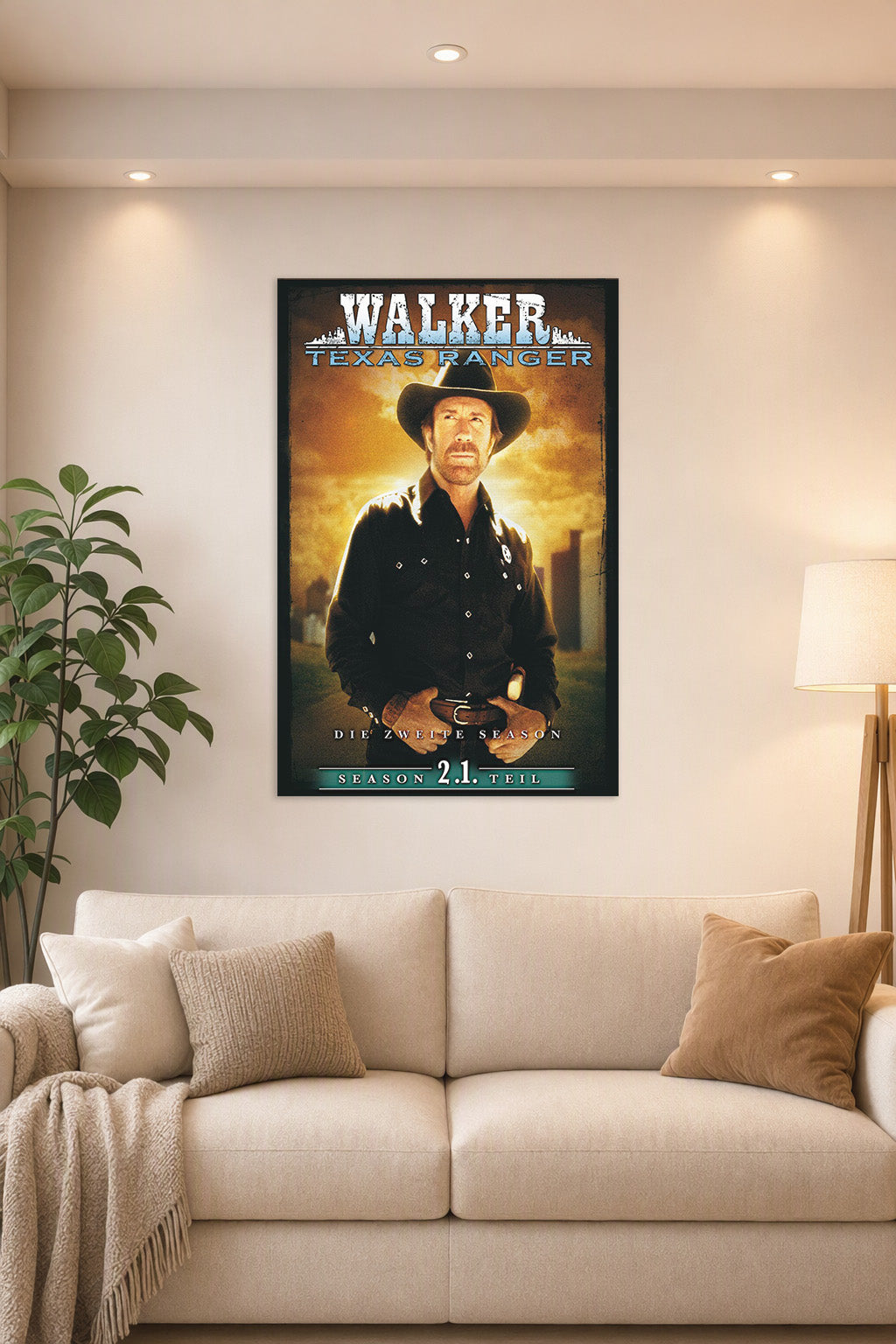 Walker, Texas Ranger in a bright living room above a beige sofa.