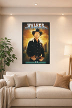Walker, Texas Ranger in a bright living room above a beige sofa.