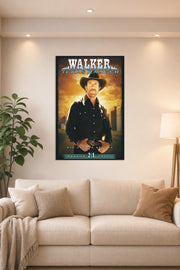 Walker, Texas Ranger in a bright living room above a beige sofa.