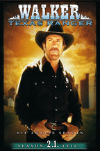 Walker, Texas Ranger poster featuring Chuck Norris in a black cowboy hat and ranger shirt against a golden sunset skyline.