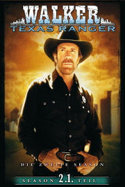 Walker, Texas Ranger poster featuring Chuck Norris in a black cowboy hat and ranger shirt against a golden sunset skyline.