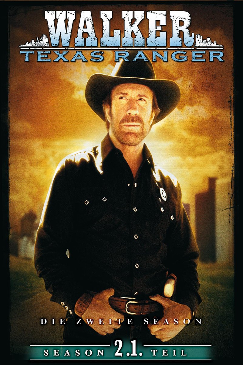 Walker, Texas Ranger poster featuring Chuck Norris in a black cowboy hat and ranger shirt against a golden sunset skyline.