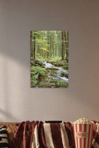 Wall Poster Forest Creek in a cozy movie room above a brown sofa with popcorn.