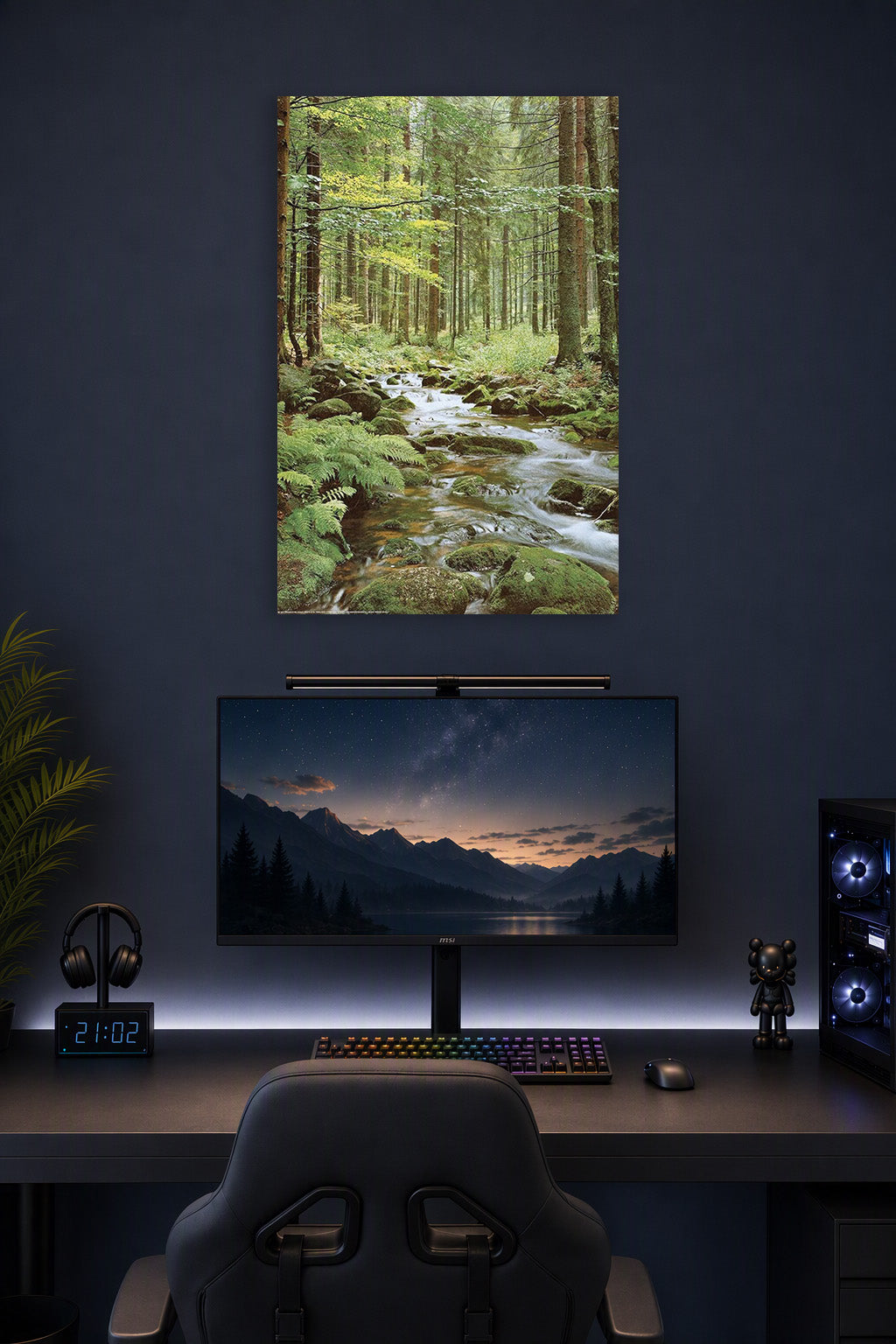 Wall Poster Forest Creek in a gaming desk setup above a monitor.