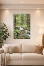 Wall Poster Forest Creek in a bright living room above a beige sofa.