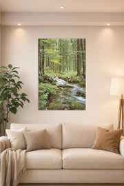 Wall Poster Forest Creek in a bright living room above a beige sofa.