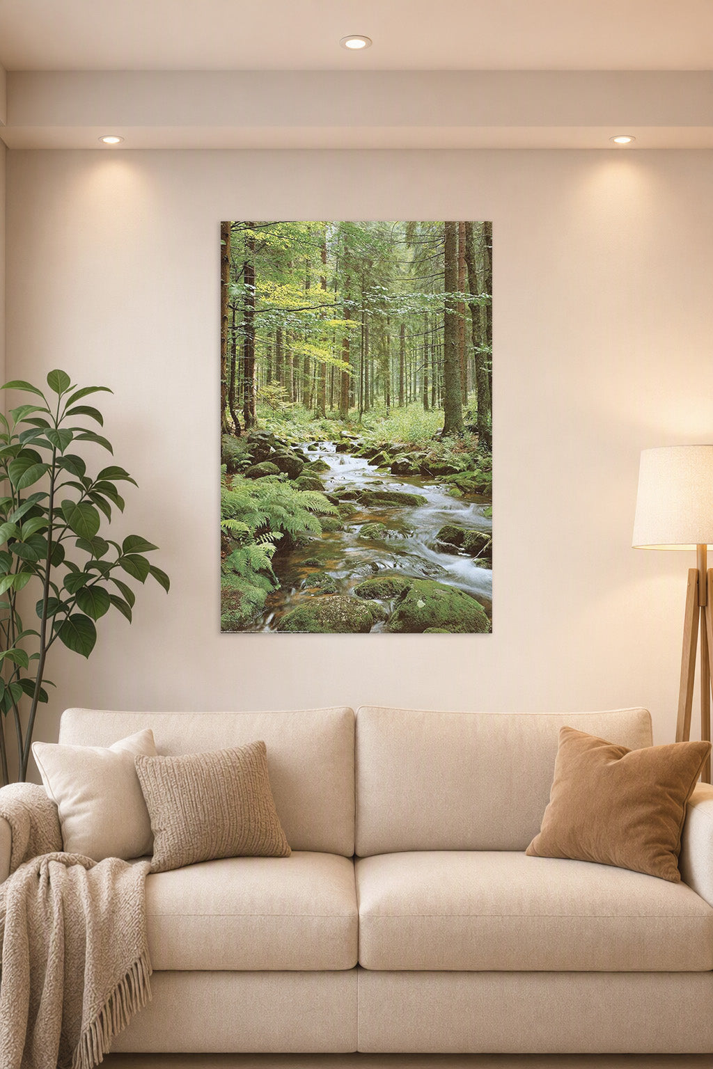 Wall Poster Forest Creek in a bright living room above a beige sofa.