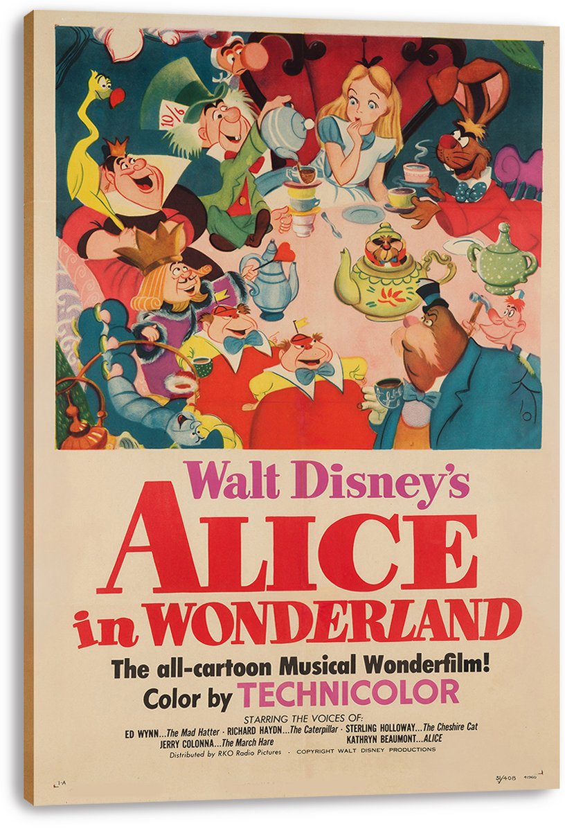Alice in Wonderland movie poster canvas wall art with Alice, the Mad Hatter, and tea party guests in vivid cartoon colors.