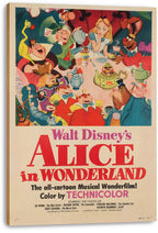 Alice in Wonderland movie poster canvas wall art with Alice, the Mad Hatter, and tea party guests in vivid cartoon colors.