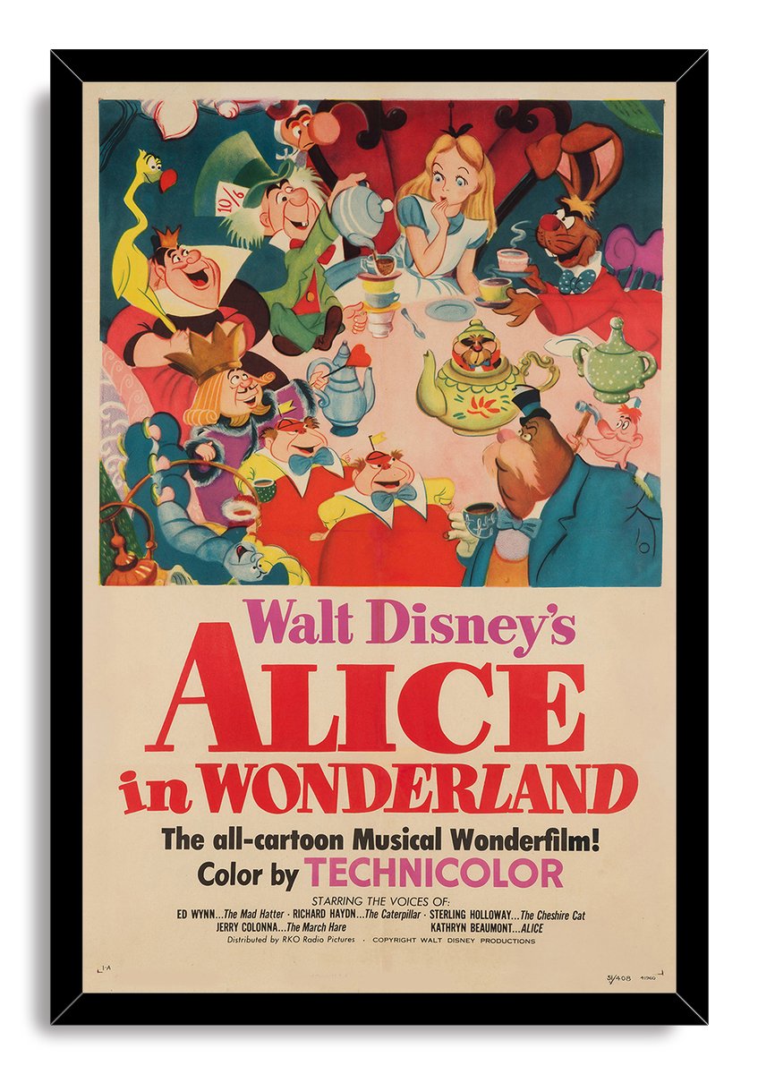 Alice in Wonderland framed wall art print featuring Alice at a crowded tea party above bold red vintage title lettering.