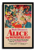 Alice in Wonderland framed wall art print featuring Alice at a crowded tea party above bold red vintage title lettering.
