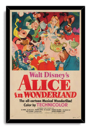 Alice in Wonderland framed wall art print featuring Alice at a crowded tea party above bold red vintage title lettering.