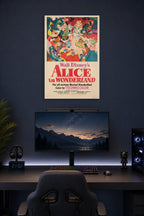Walt Disney's Alice in Wonderland Movie Poster in a gaming desk setup above a monitor.
