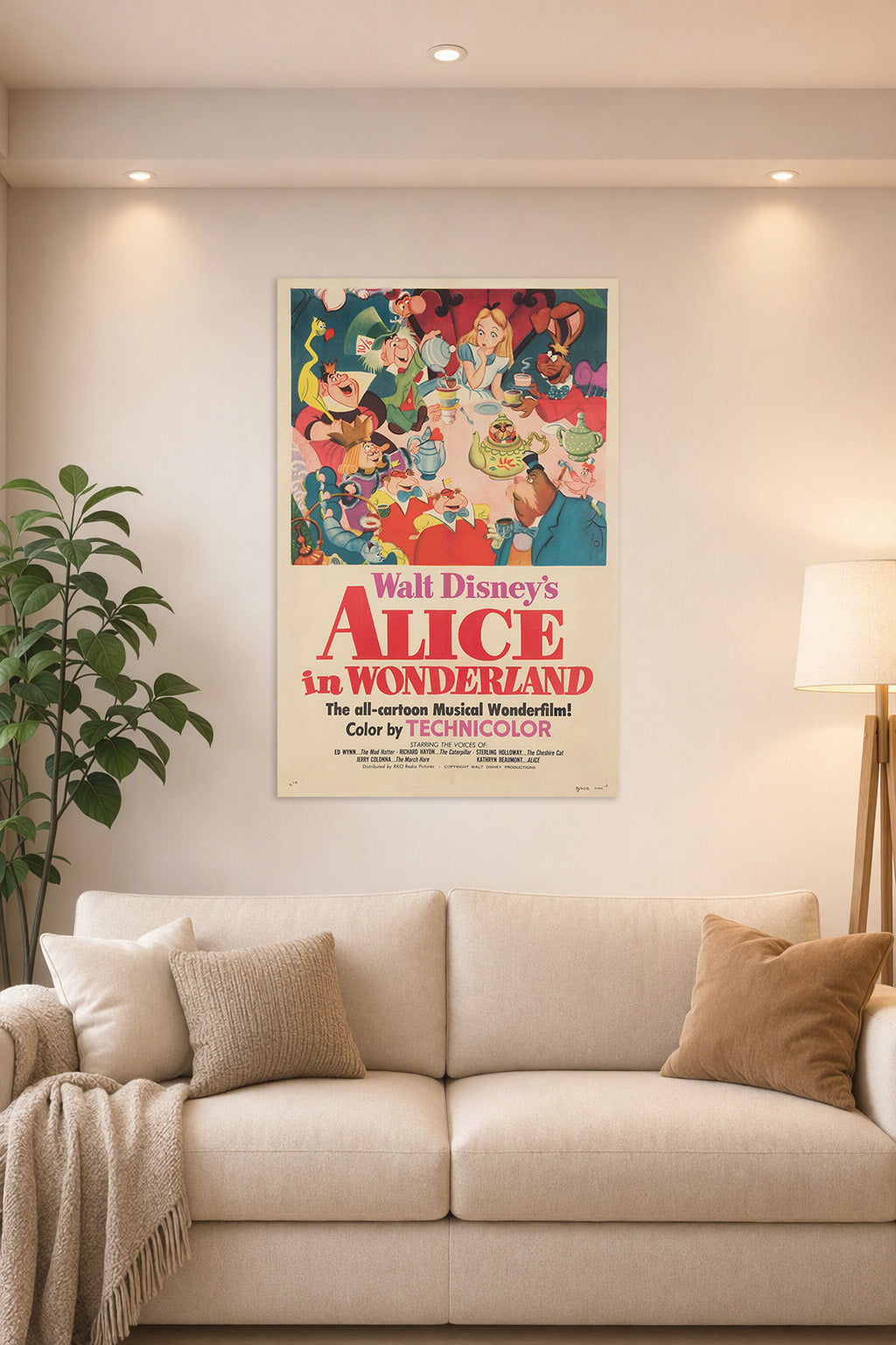 Walt Disney's Alice in Wonderland Movie Poster in a bright living room above a beige sofa.