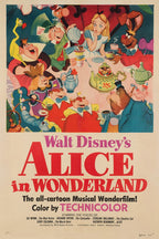 Alice in Wonderland movie poster wall art print with Alice and whimsical tea party characters around a colorful table.