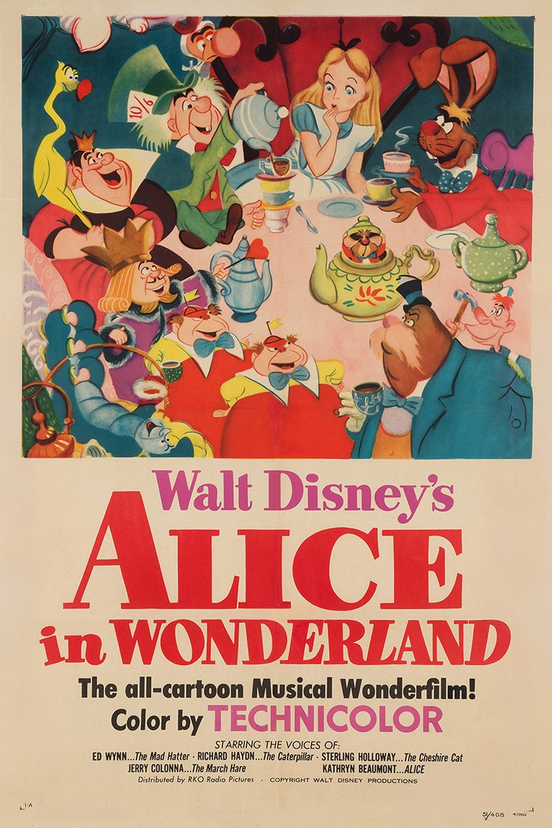 Alice in Wonderland movie poster wall art print with Alice and whimsical tea party characters around a colorful table.
