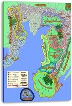 Political Tilea canvas wall art print displaying labeled green, red, yellow, and blue territories, mountains, cities, and surrounding realms.