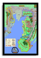 Political Tilea framed wall art print with a black border, detailed regional map, illustrated mountains, roads, and Pirate Isle of Sartosa inset.