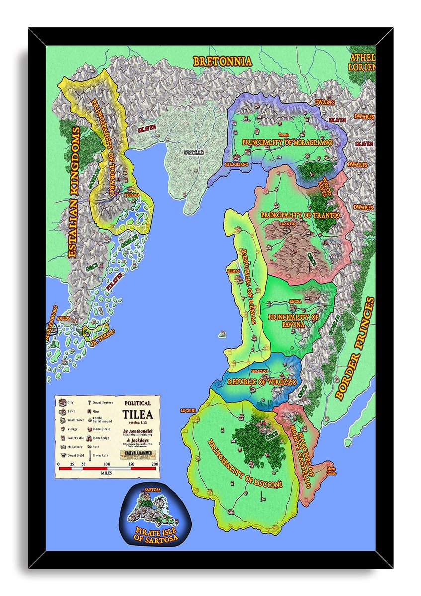 Political Tilea framed wall art print with a black border, detailed regional map, illustrated mountains, roads, and Pirate Isle of Sartosa inset.