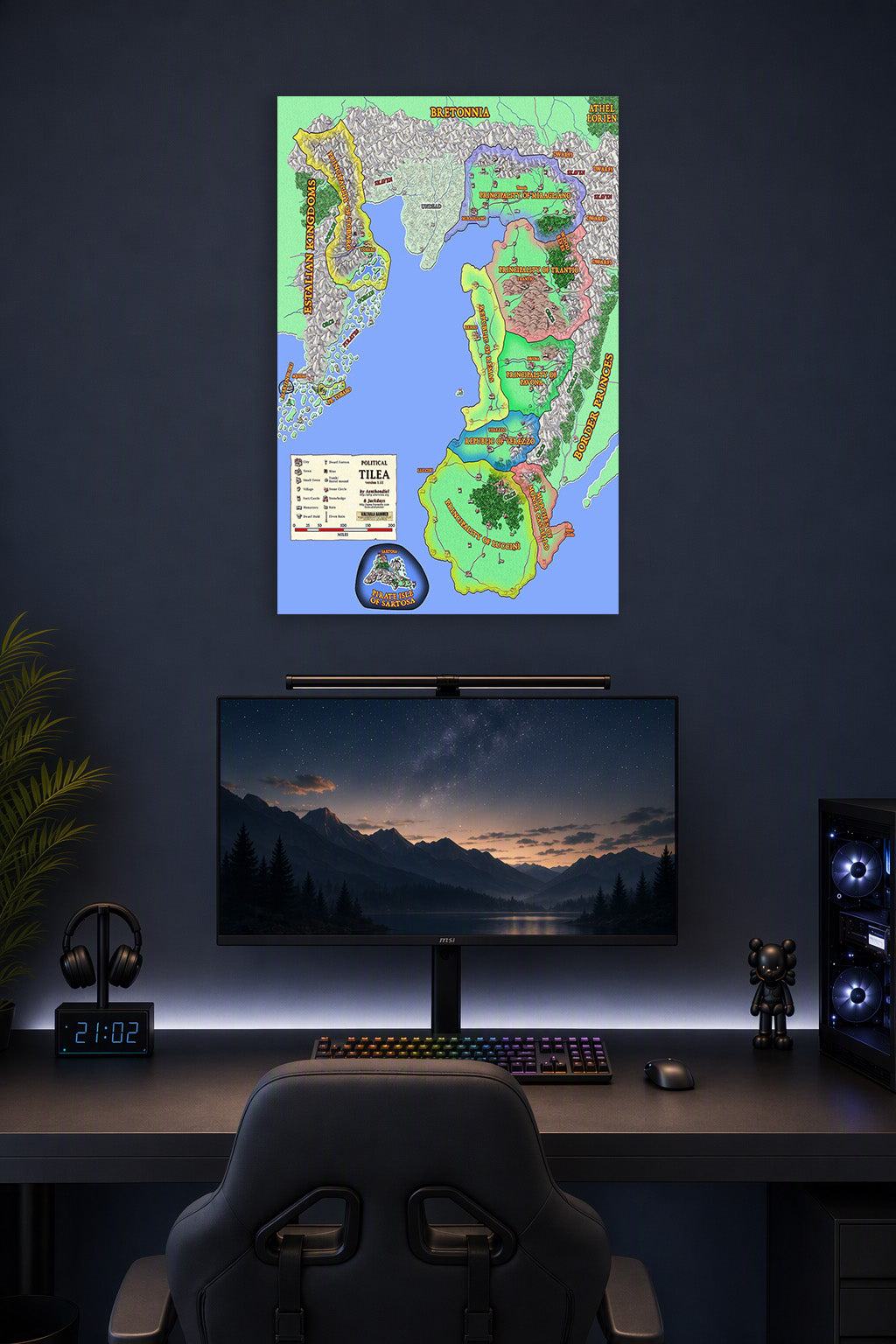 Warhammer Fantasy Political Map of Tilea in a gaming desk setup above a monitor.