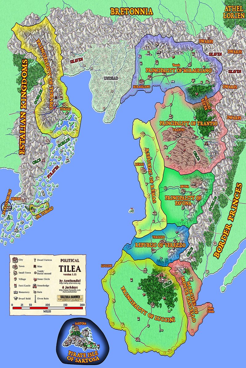 Political Tilea wall art print map with color-coded principalities, mountain ranges, coastal islands, settlement symbols, and Sartosa inset.