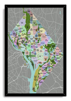 Washington D.C. neighborhood map wall art print in a black frame, featuring pastel districts, green parks, blue water, and labeled streets.