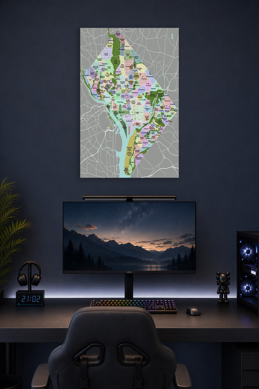 Washington D.C. Neighborhood Map in a gaming desk setup above a monitor.