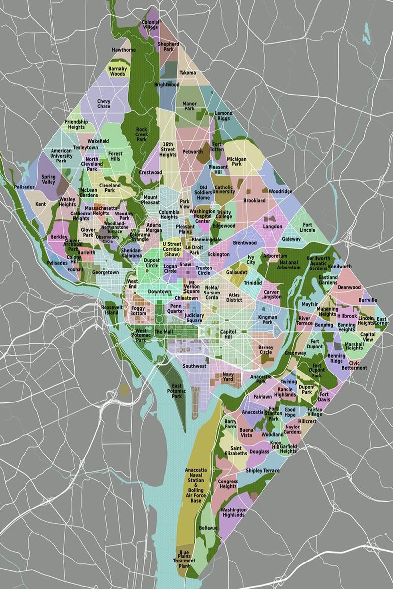 Washington D.C. neighborhood map poster with multicolored labeled districts, green parkland, pale blue waterways, and gray road network.