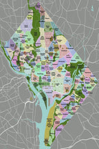 Washington D.C. neighborhood map poster with multicolored labeled districts, green parkland, pale blue waterways, and gray road network.