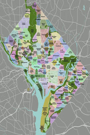 Washington D.C. neighborhood map poster with multicolored labeled districts, green parkland, pale blue waterways, and gray road network.