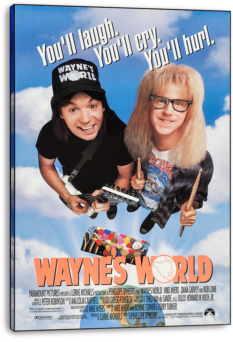 Wayne's World canvas wall art print displays Wayne and Garth with guitar and drumsticks, wrapped around visible canvas edges.