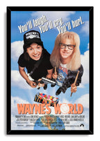 Wayne's World framed wall art print depicts Wayne and Garth beneath the tagline on a blue sky background in a black frame.