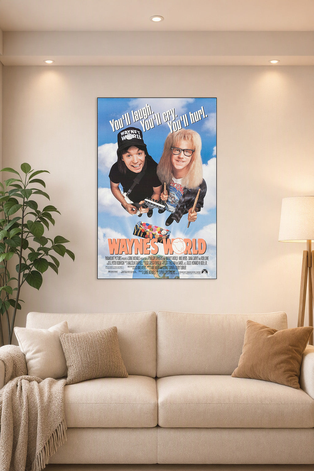 Wayne's World Movie in a bright living room above a beige sofa.