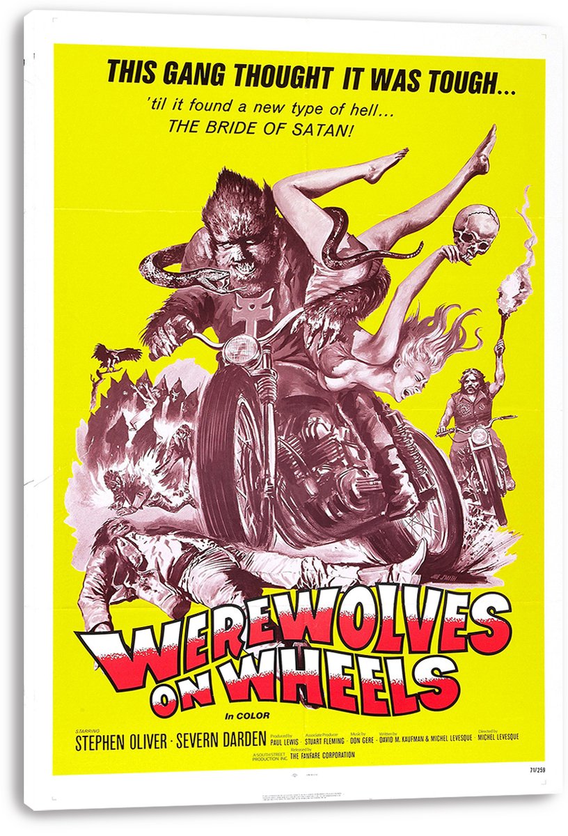 Werewolves on Wheels wall art print on a white canvas shows a werewolf biker, woman, skull, and bold red title on yellow.